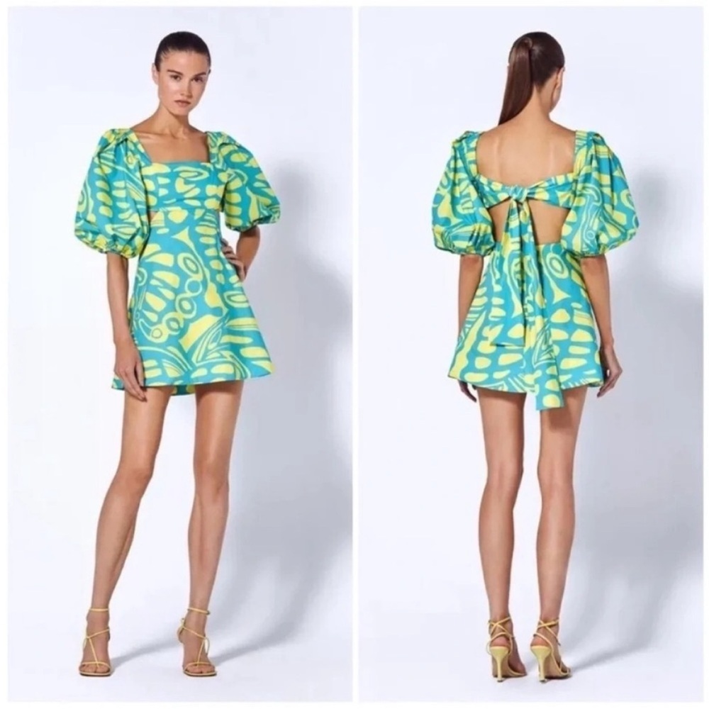 Alexis Bodhi Puff Sleeve Mini Dress Blue Yellow